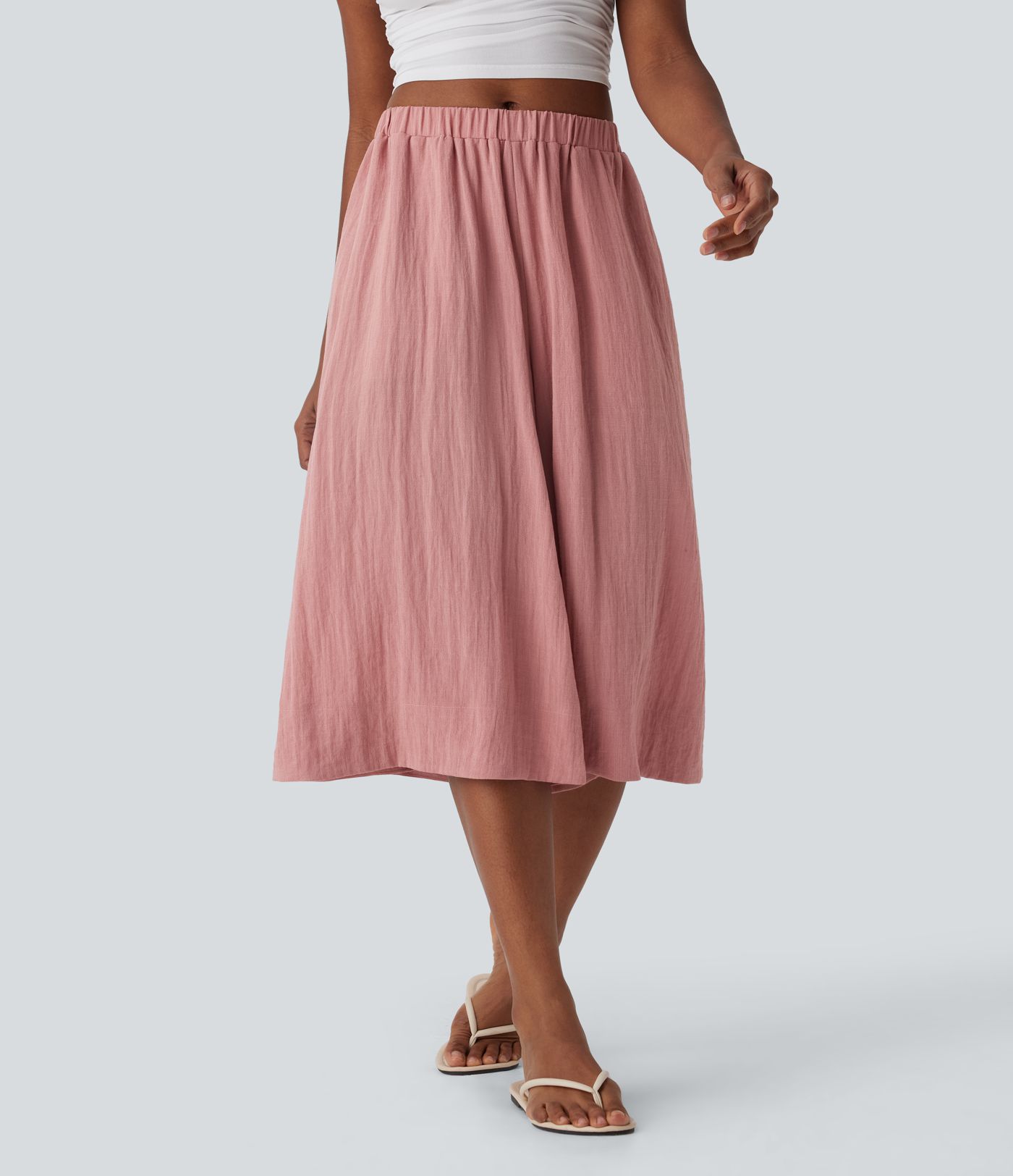 Mid Rise Wide Leg Flowy Linen-Feel Pants with Pocket