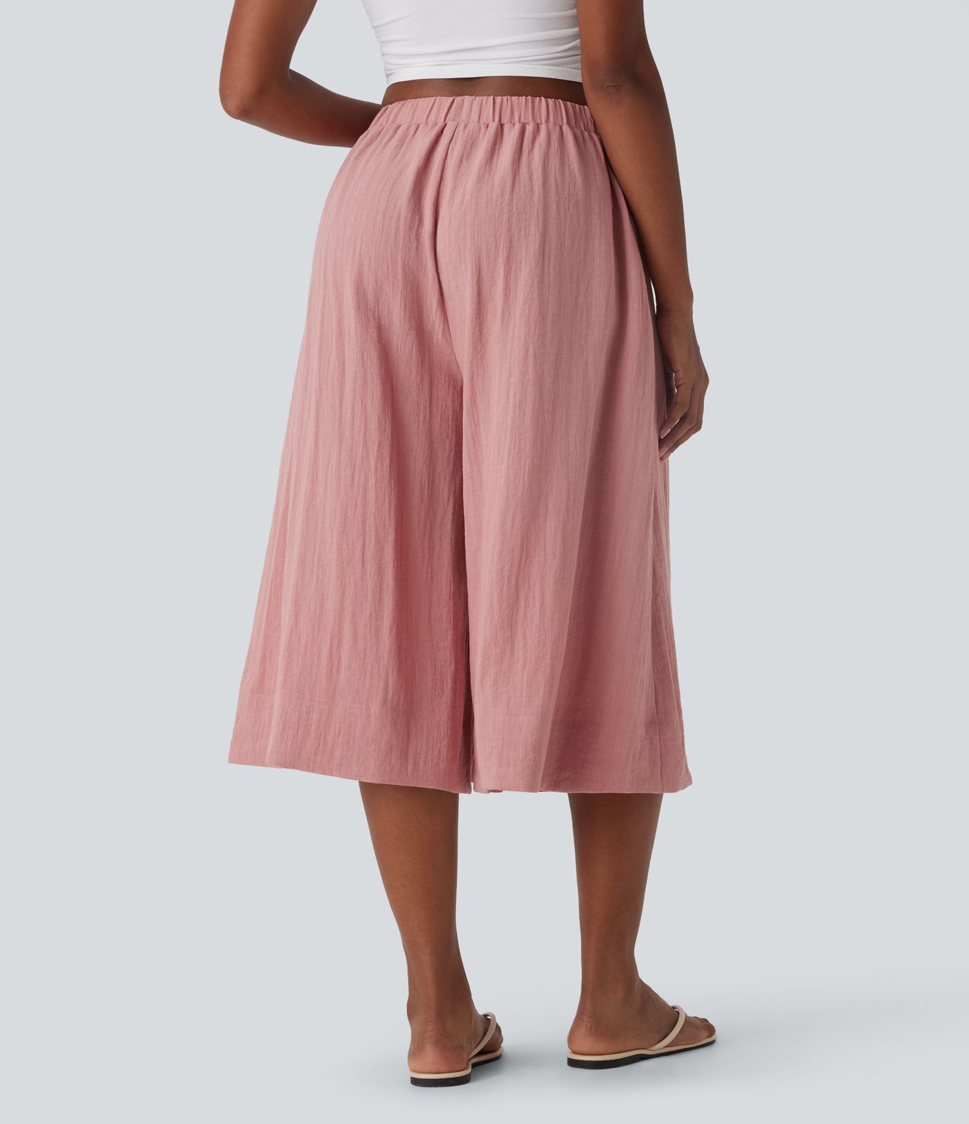 Mid Rise Wide Leg Flowy Linen-Feel Pants with Pocket