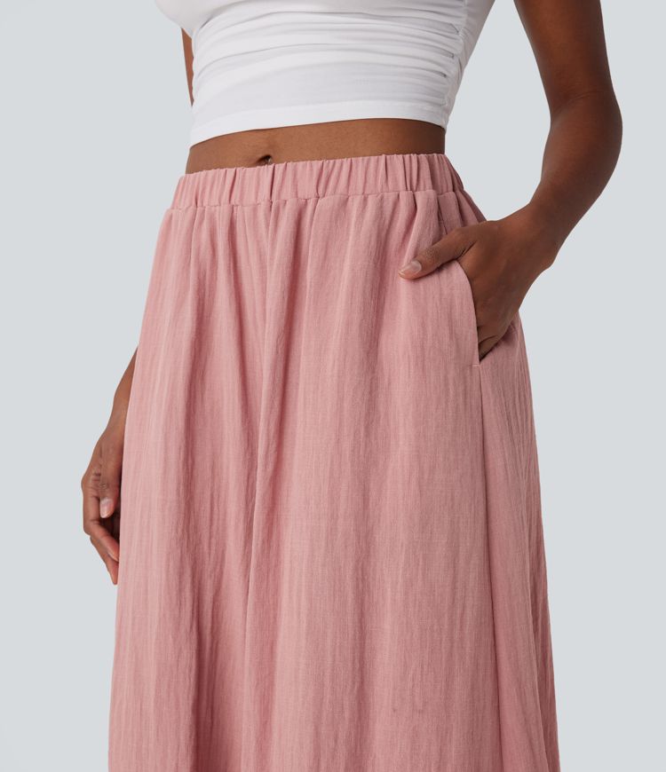 Mid Rise Wide Leg Flowy Resort Linen-Feel Trousers with Side Pocket