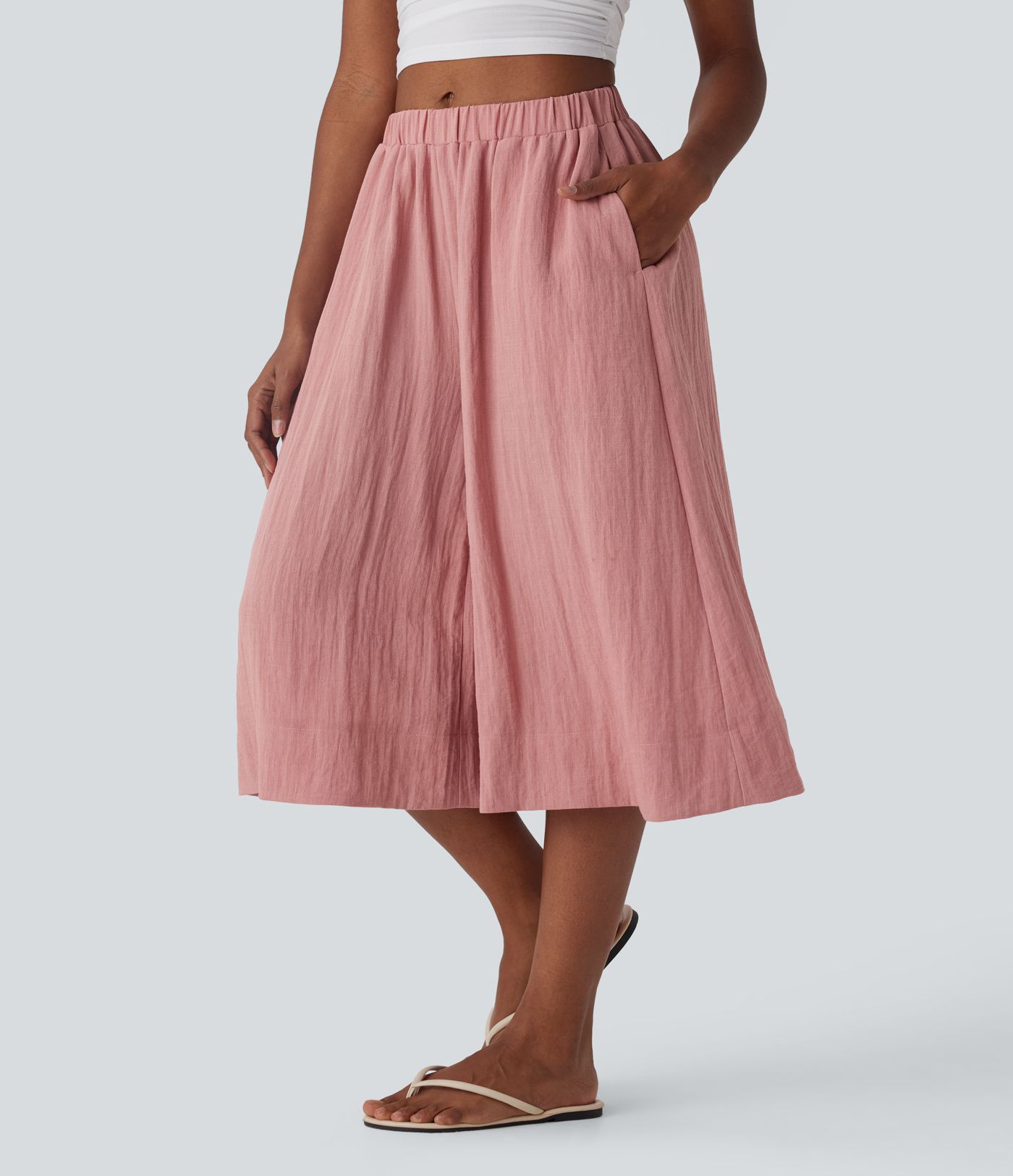 Mid Rise Wide Leg Flowy Linen-Feel Pants with Pocket