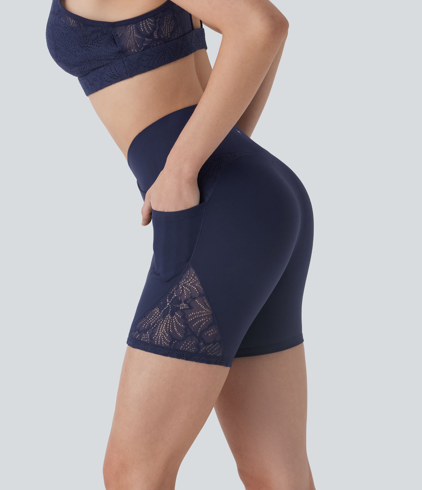 SoftlyZero™ High Waisted Crossover Contrast Lace Yoga Biker Shorts 5'' with Pockets-UPF50+