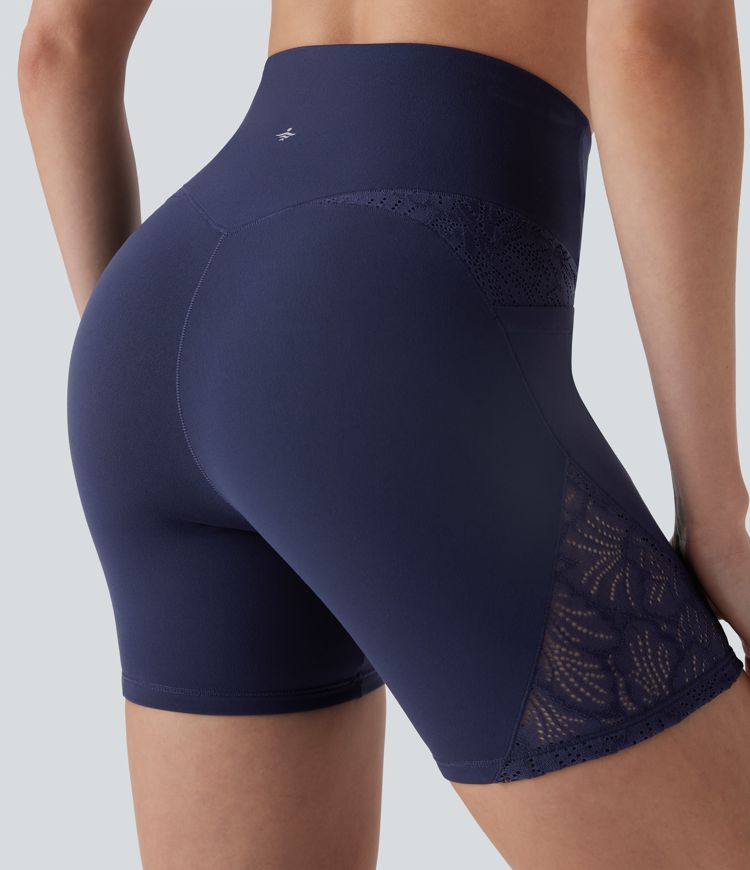 SoftlyZero™ High Waisted Crossover Contrast Lace Yoga Biker Shorts 5'' with Pockets-UPF50+