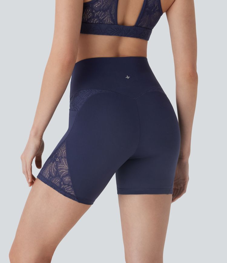 SoftlyZero™ High Waisted Crossover Contrast Lace Yoga Biker Shorts 5'' with Pockets-UPF50+