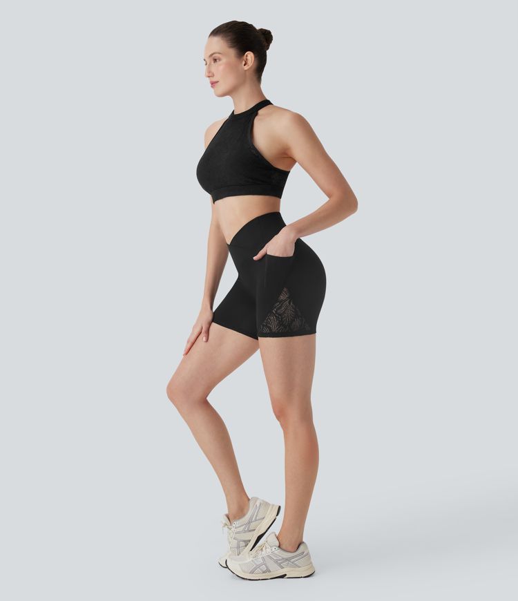 Short cycliste Softlyzero™ taille haute pour yoga avec croisement, dentelle contrastée, poches et protection UPF50+ - 12,5 cm