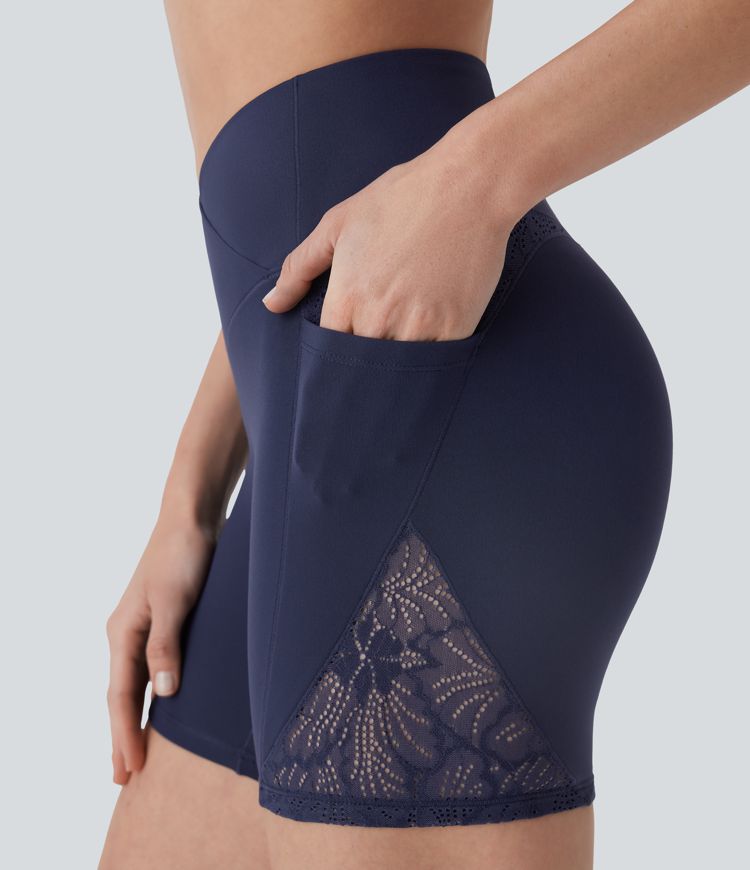 SoftlyZero™ High Waisted Crossover Contrast Lace Yoga Biker Shorts 5'' with Pockets-UPF50+