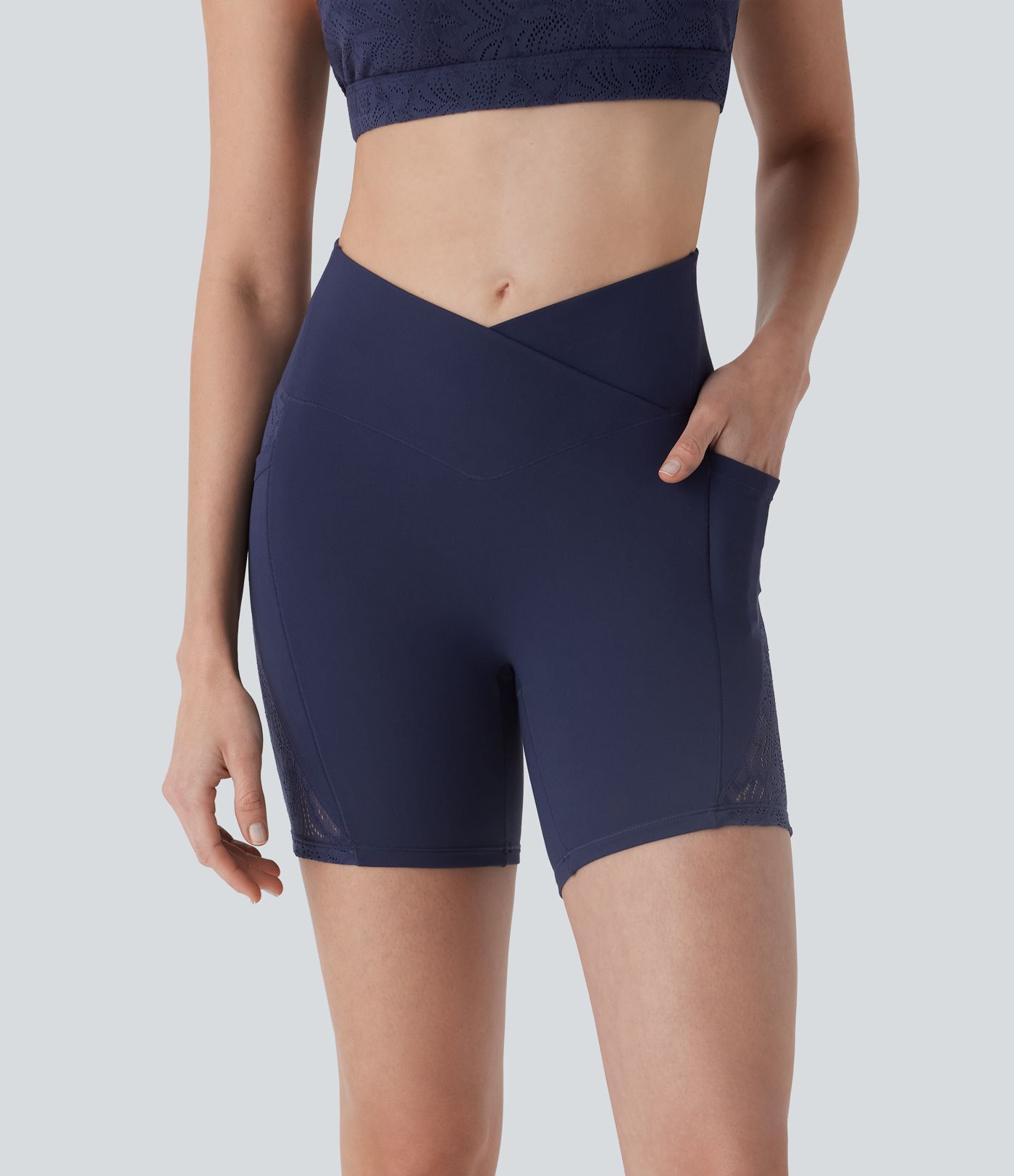 SoftlyZero™ High Waisted Crossover Contrast Lace Yoga Biker Shorts 5'' with Pockets-UPF50+