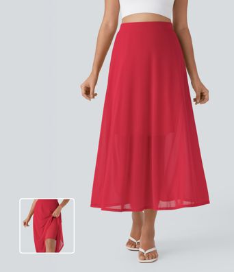 High Waisted Mesh Overlay 2-in-1 Flowy Midi Flare Casual Skirt