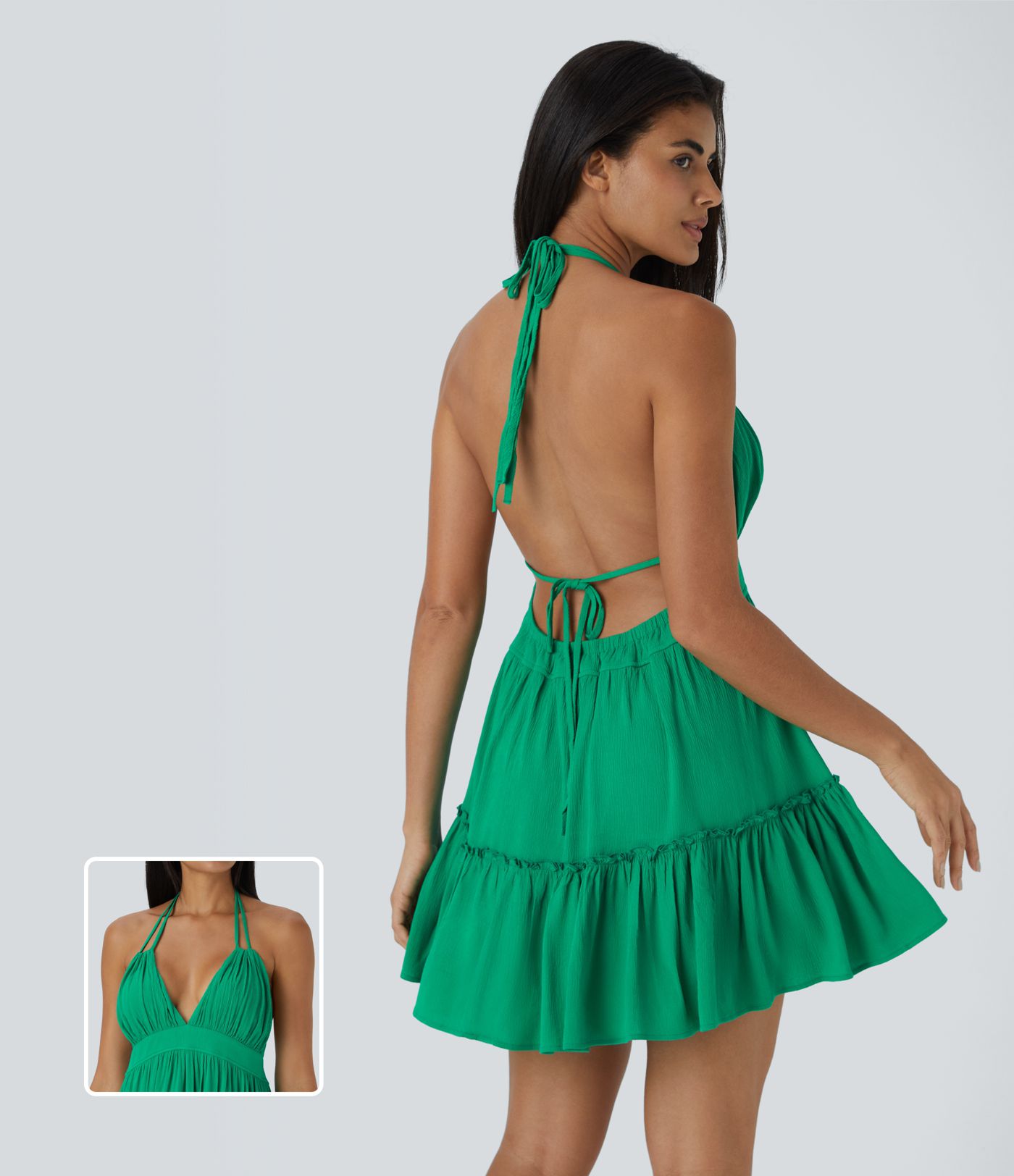 홀터넥 백리스 뒤로 묶는 주름 프릴 러플 밑단 2-in-1 플로위 미니 린넨 느낌 캐주얼 원피스