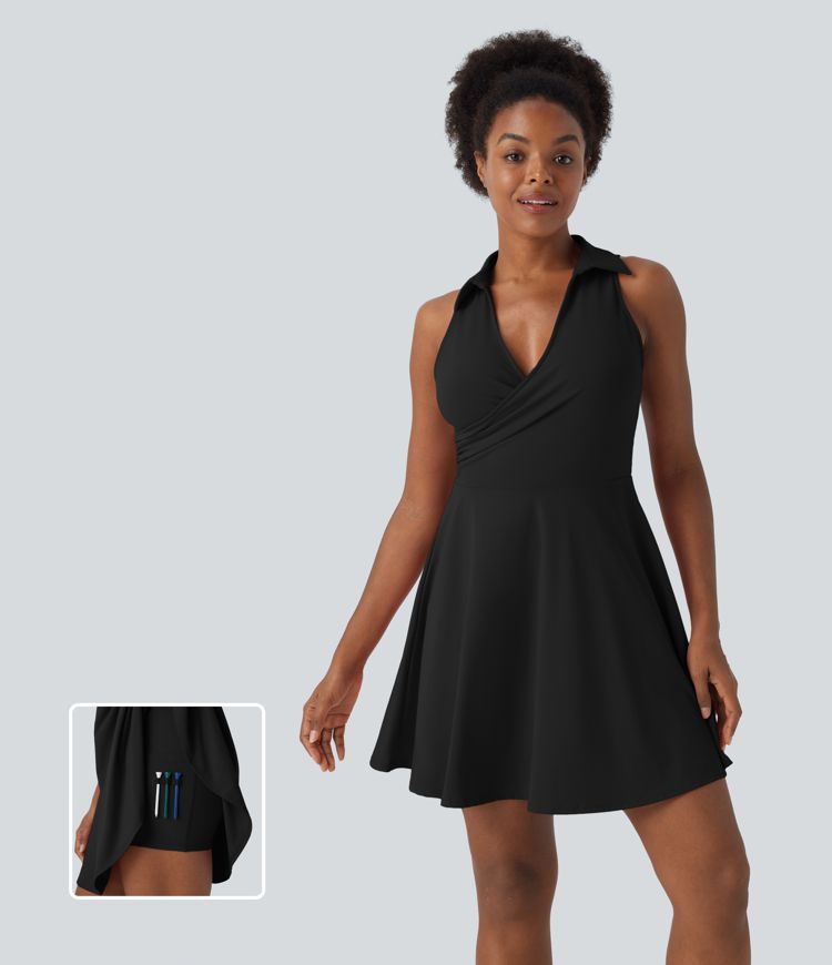Softlyzero™ QuickDry Collared V Neck Sleeveless 2-Piece Side Pocket Flare Mini Golf Active Dress-Golf Tee Pocket