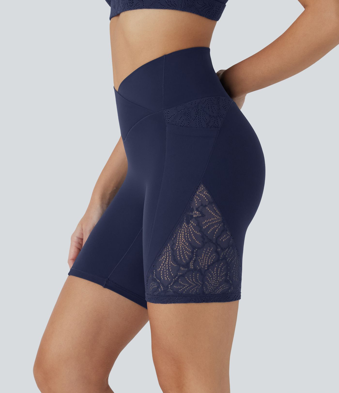 Softlyzero™ High Waisted Crossover Contrast Lace Yoga Biker Shorts 7'' with Pockets-UPF50+