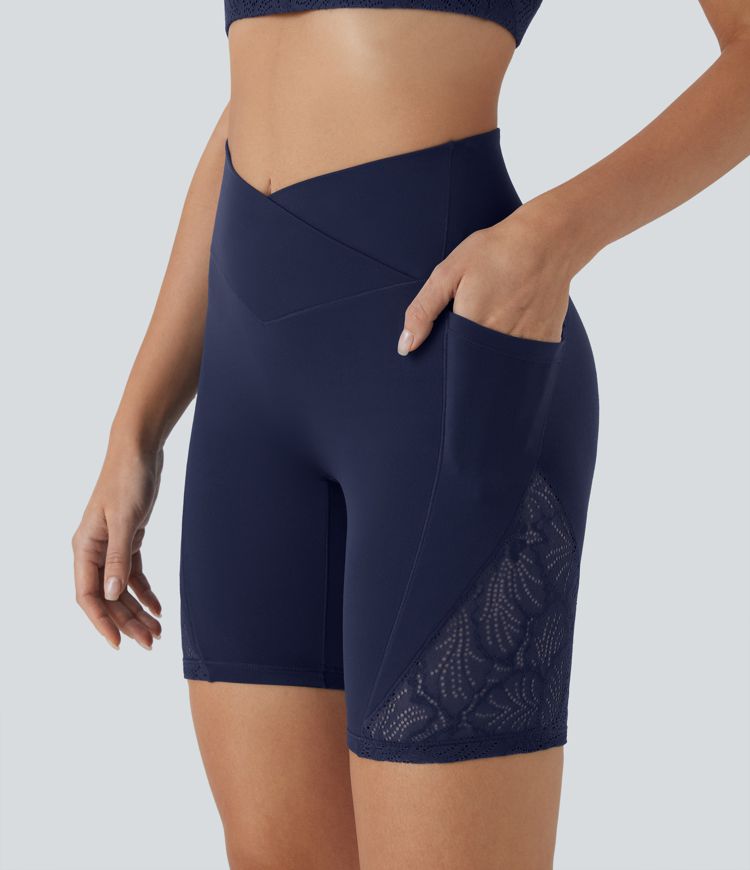 Softlyzero™ High Waisted Crossover Contrast Lace Yoga Biker Shorts 7'' with Pockets-UPF50+