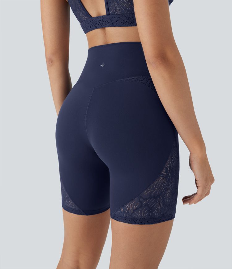 Softlyzero™ High Waisted Crossover Contrast Lace Yoga Biker Shorts 7'' with Pockets-UPF50+