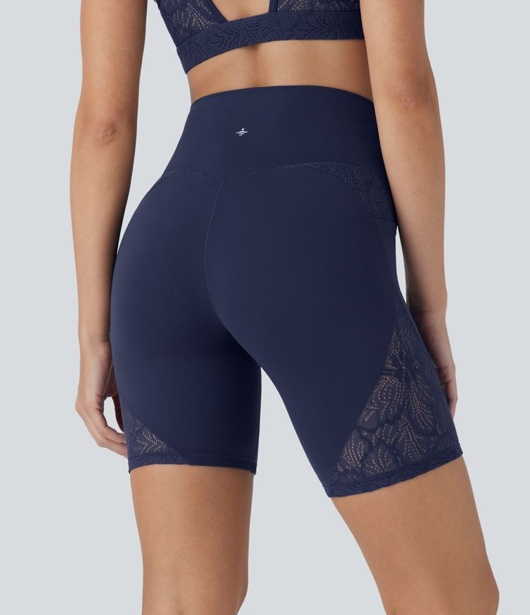 Softlyzero™ High Waisted Crossover Contrast Lace Yoga Biker Shorts 7'' with Pockets-UPF50+