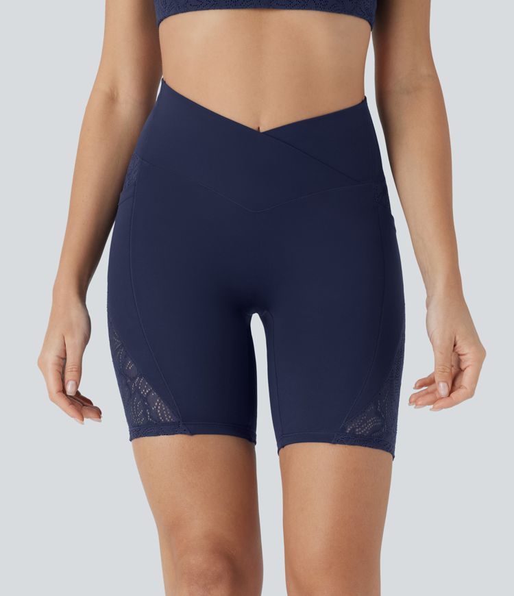 Softlyzero™ High Waisted Crossover Contrast Lace Yoga Biker Shorts 7'' with Pockets-UPF50+