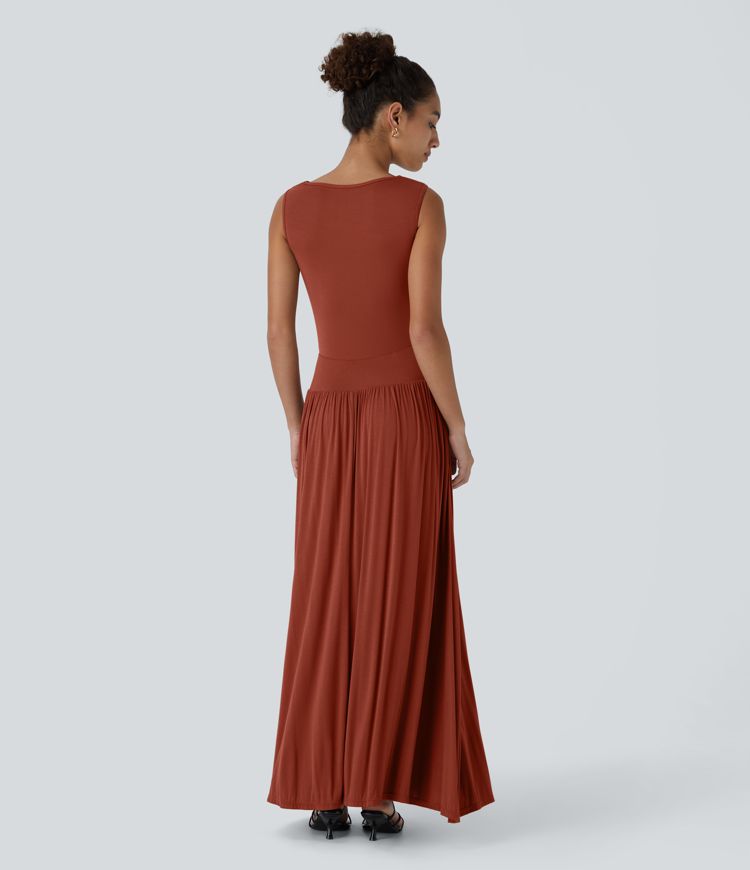 Ribbed Boat Neck Asymmetric Strap Ruched Pocket Flowy Maxi Casual Dress