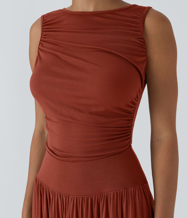 Ribbed Boat Neck Asymmetric Strap Ruched Pocket Flowy Maxi Casual Dress