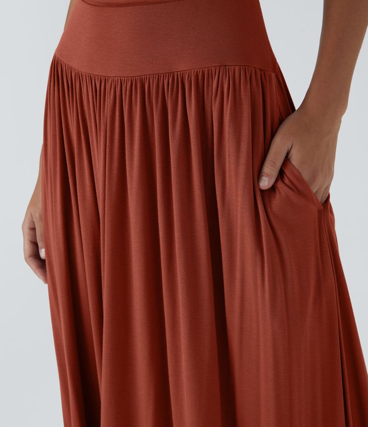 Ribbed Boat Neck Asymmetric Strap Ruched Pocket Flowy Maxi Casual Dress
