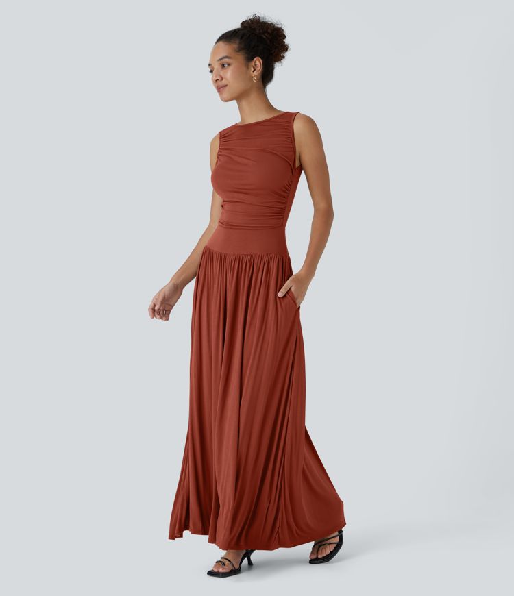 Ribbed Boat Neck Asymmetric Strap Ruched Pocket Flowy Maxi Casual Dress