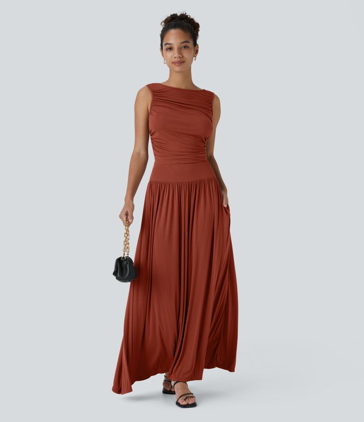 Ribbed Boat Neck Asymmetric Strap Ruched Pocket Flowy Maxi Casual Dress