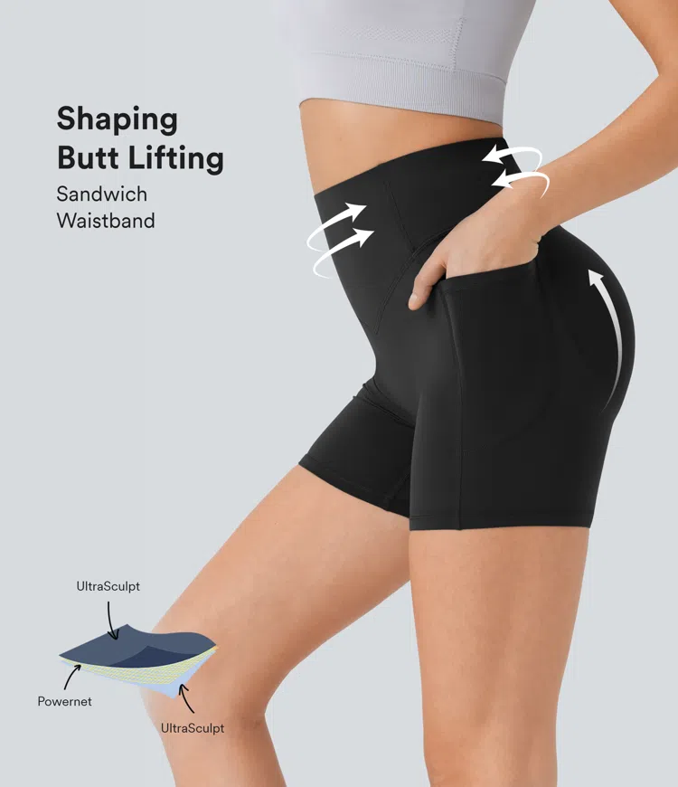 Halara UltraSculpt™ SoCinched High Waisted Scrunch Butt Lifting Tummy Control Side Pocket Shaping Workout Biker Shorts 5''