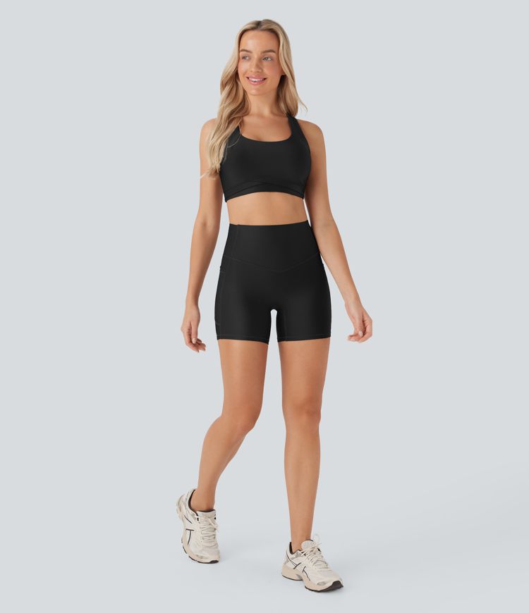 High Waisted Tummy Control Pocket Sheen Running Biker Shorts 5''