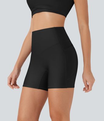 Shorts biker para correr de talle alto con control abdominal, con bolsillo y acabado brillante — 5'' Shorts biker para correr de talle alto con control abdominal, con bolsillo y acabado brillante — 5''