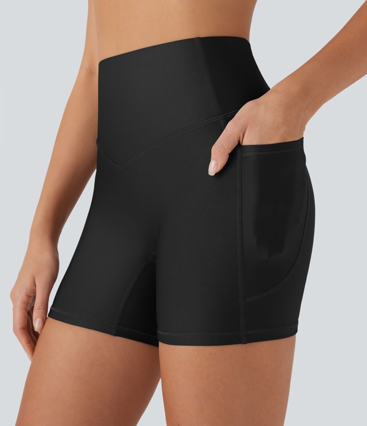 High Waisted Tummy Control Pocket Sheen Running Biker Shorts 5''
