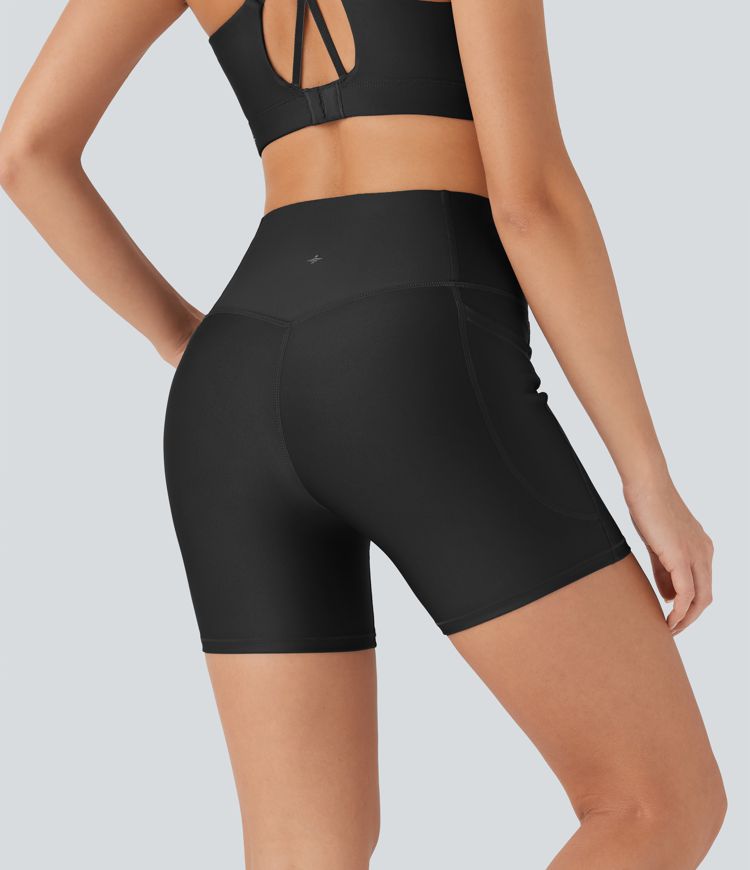 High Waisted Tummy Control Pocket Sheen Running Biker Shorts 5''