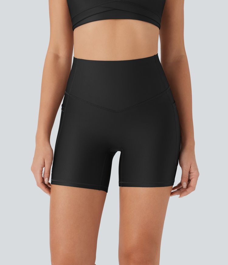 High Waisted Tummy Control Pocket Sheen Running Biker Shorts 5''