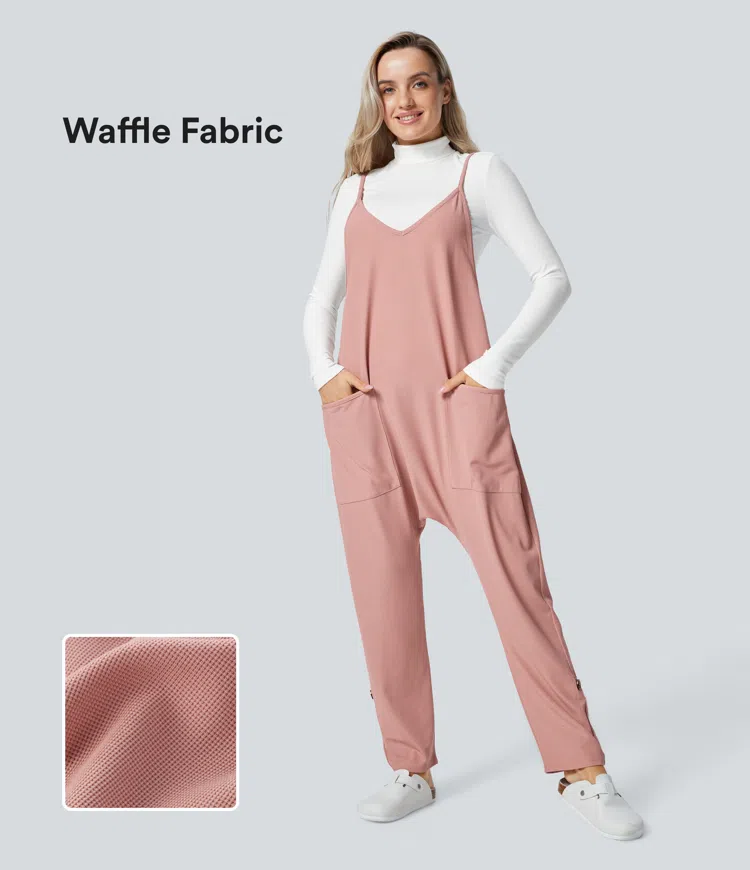 Spaghetti strap front pocket adjustable roll-up leg waffle casual jumpsuit