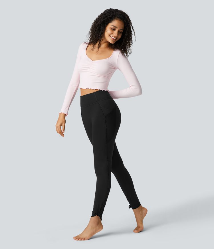 Softlyzero™ Legging Yoga Longueur Cheville à Taille Haute avec Poches Latérales Ourlet Fendu et Bordures Laitue