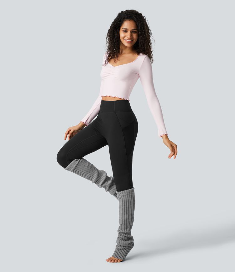 Softlyzero™ Legging Yoga Longueur Cheville à Taille Haute avec Poches Latérales Ourlet Fendu et Bordures Laitue