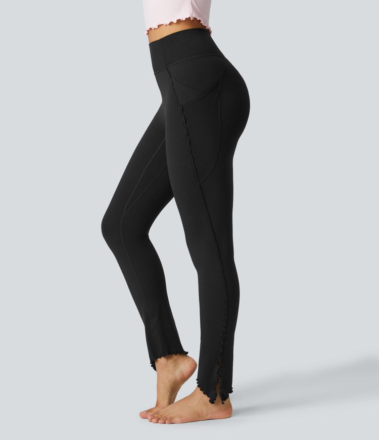 Softlyzero™ Legging Yoga Longueur Cheville à Taille Haute avec Poches Latérales Ourlet Fendu et Bordures Laitue