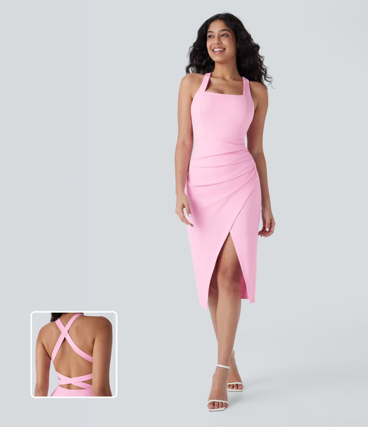 Softlyzero™ Airy Ruched Split Asymmetric Backless Crisscross Bodycon Midi Cool Touch Casual Dress-UPF50+