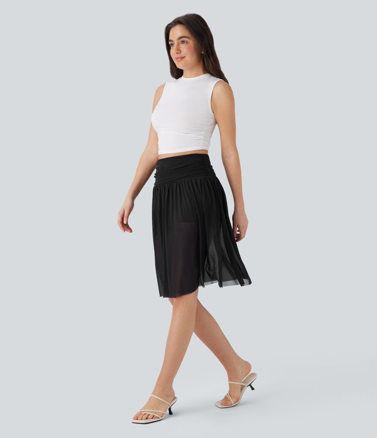 High Waisted Ruched 2-in-1 Contrast Mesh Flowy Midi Casual Skirt with Pockets