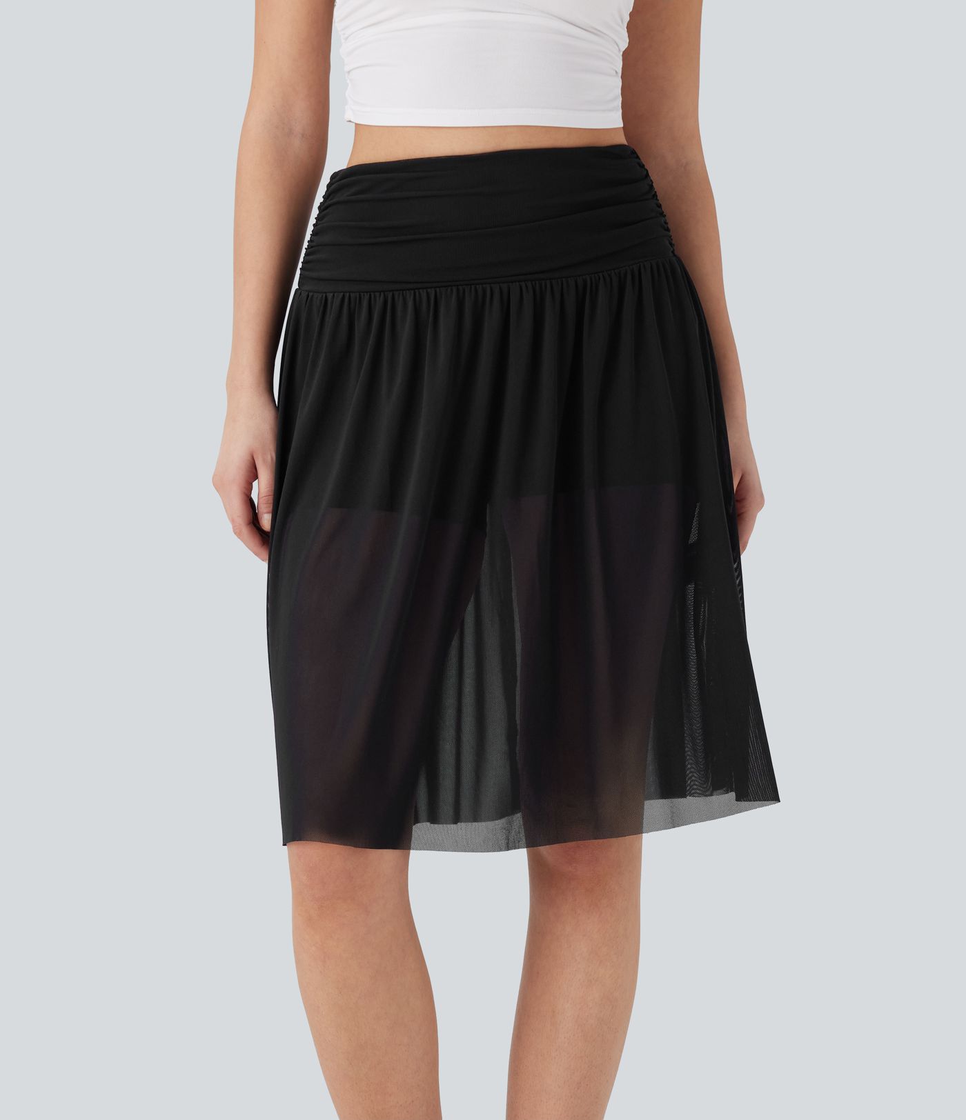 Jupe taille haute froncée 2-en-1 en mesh contrasté, ample, longueur midi, style décontracté, avec poches