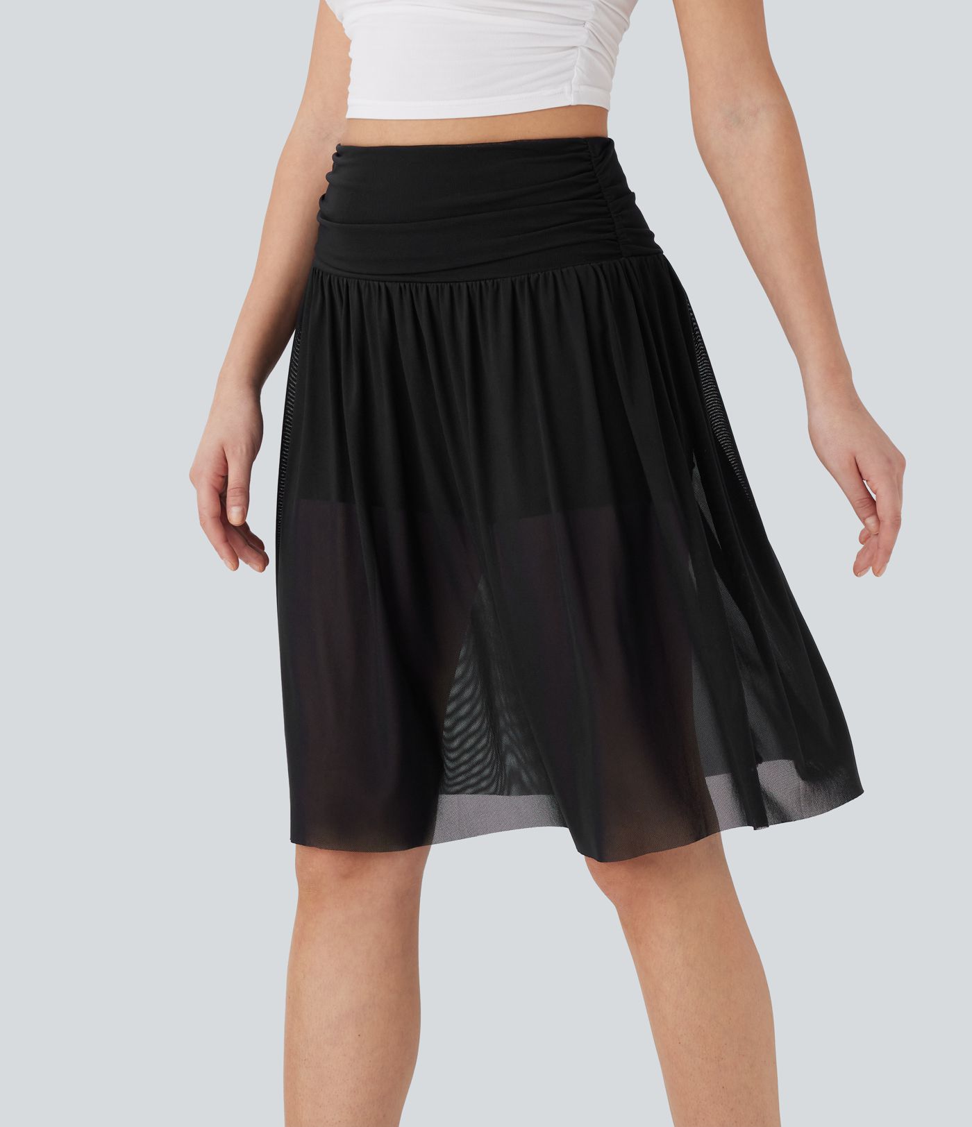 High Waisted Ruched 2-in-1 Contrast Mesh Flowy Midi Casual Skirt with Pockets
