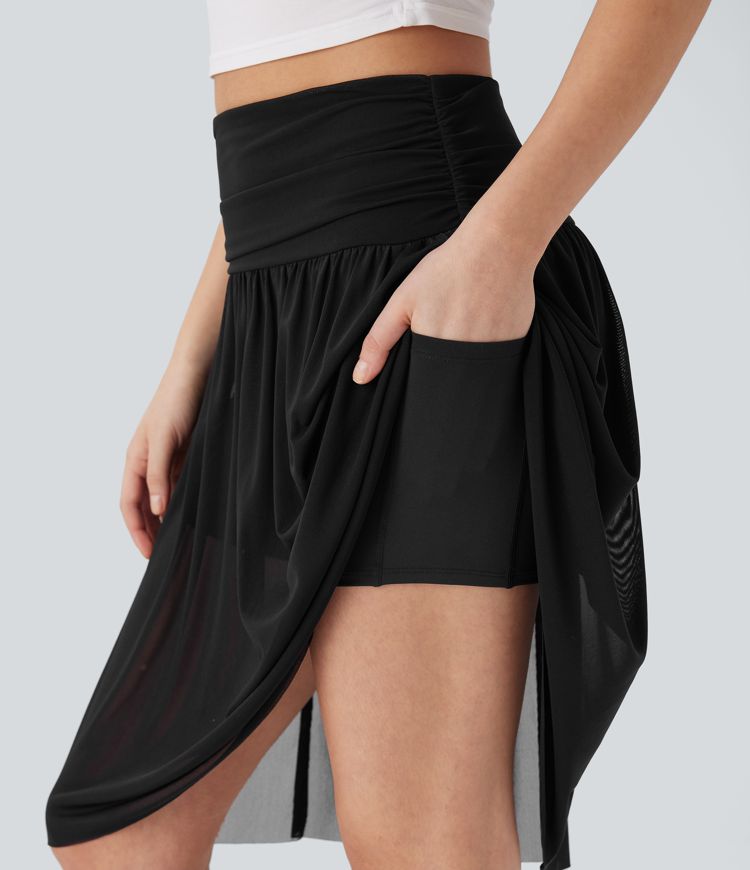 High Waisted Ruched 2-in-1 Contrast Mesh Flowy Midi Casual Skirt with Pockets