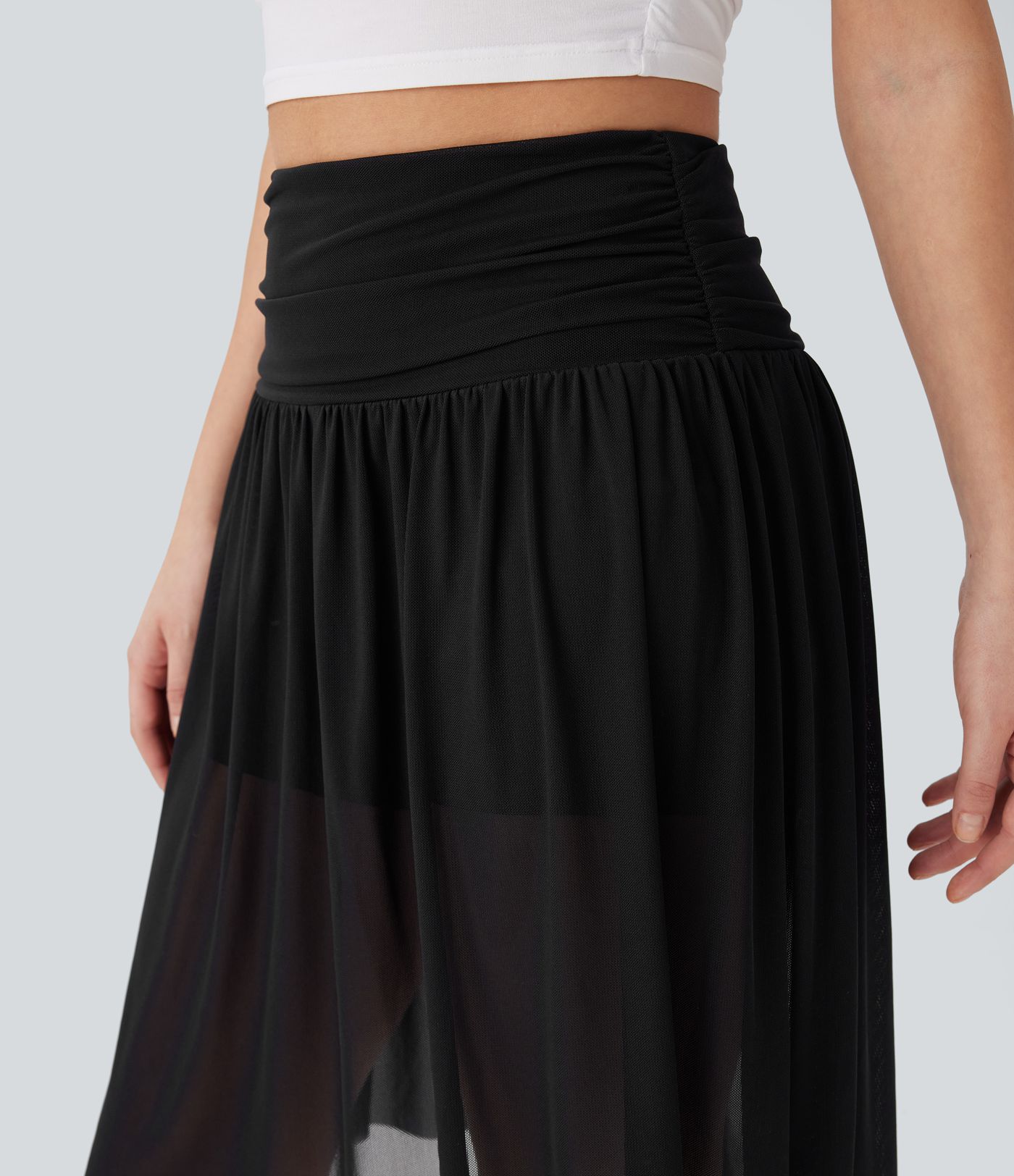 High Waisted Ruched 2-in-1 Contrast Mesh Flowy Midi Casual Skirt with Pockets