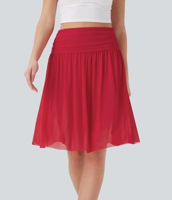 High Waisted Ruched 2-in-1 Contrast Mesh Flowy Midi Casual Skirt with Pockets