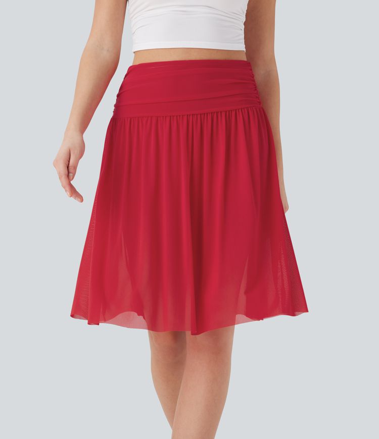 High Waisted Ruched 2-in-1 Contrast Mesh Flowy Midi Casual Skirt with Pockets