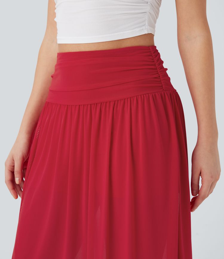 Falda midi casual 2 en 1 holgada de tiro alto fruncido con malla en contraste y bolsillos laterales