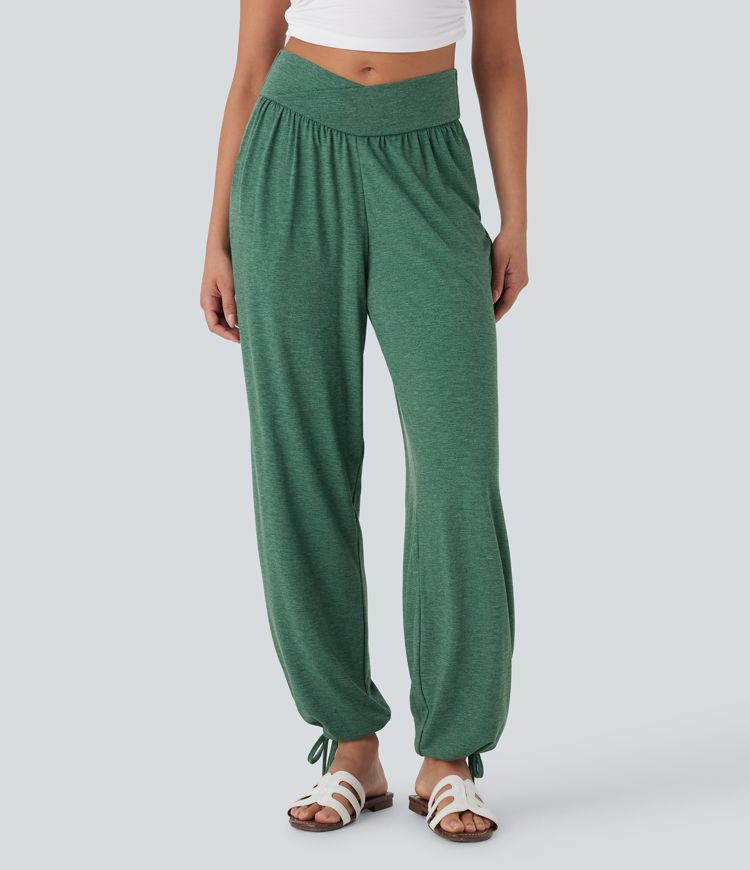 Crossover High Waisted Pocket Drawstring Casual Joggers Crossover High Waisted Pocket Drawstring Casual Joggers