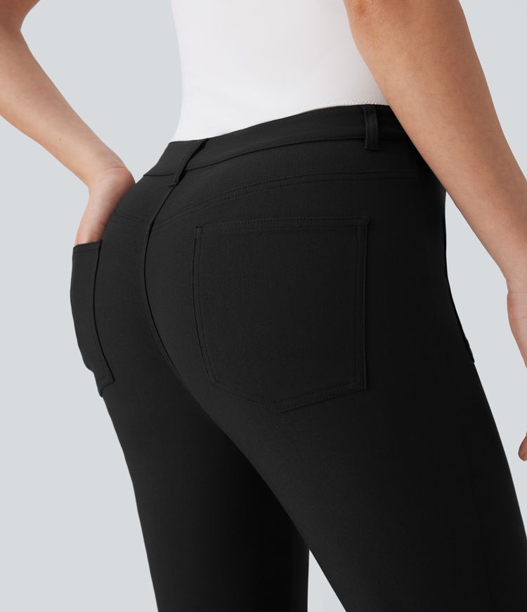 Mid Rise Denim Like Work Slight Flare Pants with Multiple Pockets