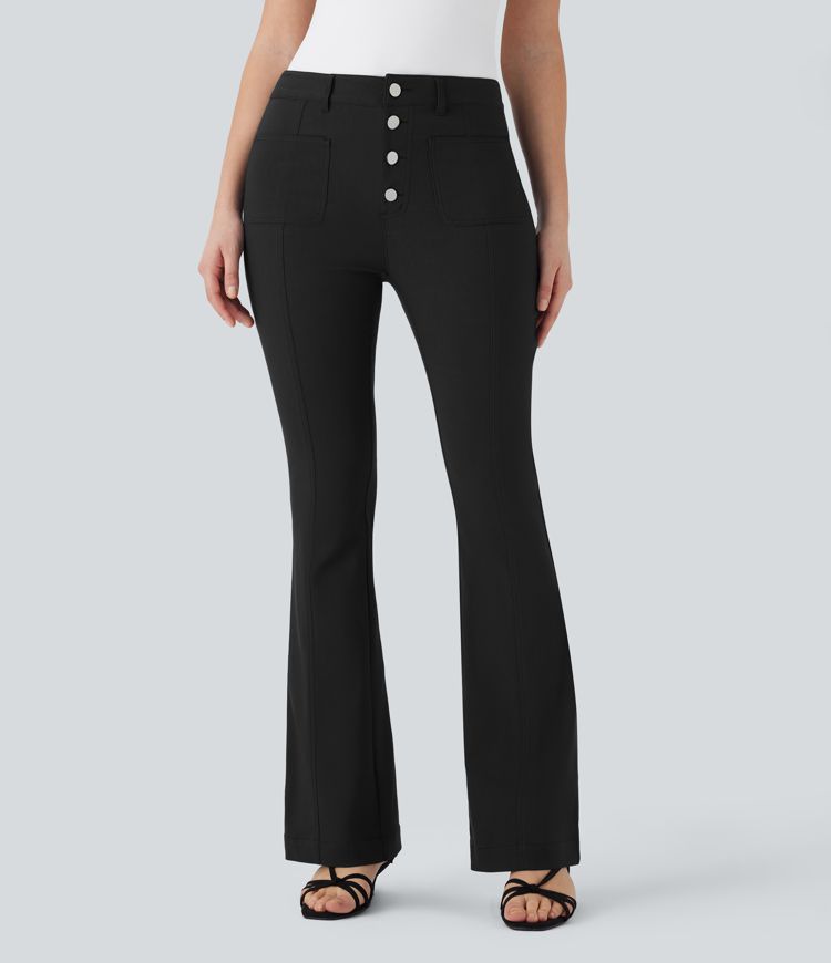 Mid Rise Denim Like Work Slight Flare Pants with Multiple Pockets