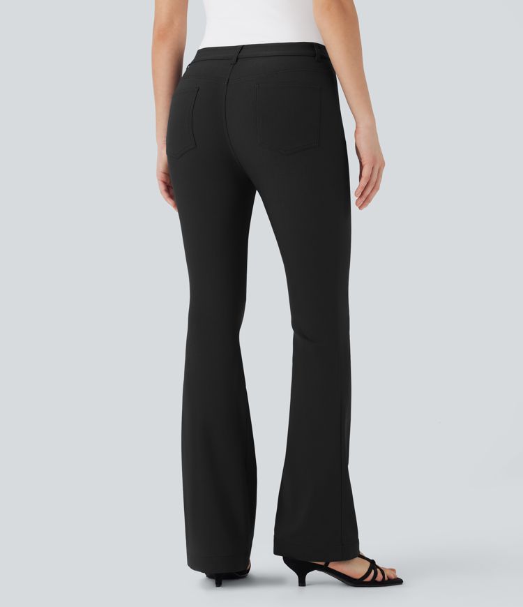Mid Rise Denim Like Work Slight Flare Pants with Multiple Pockets