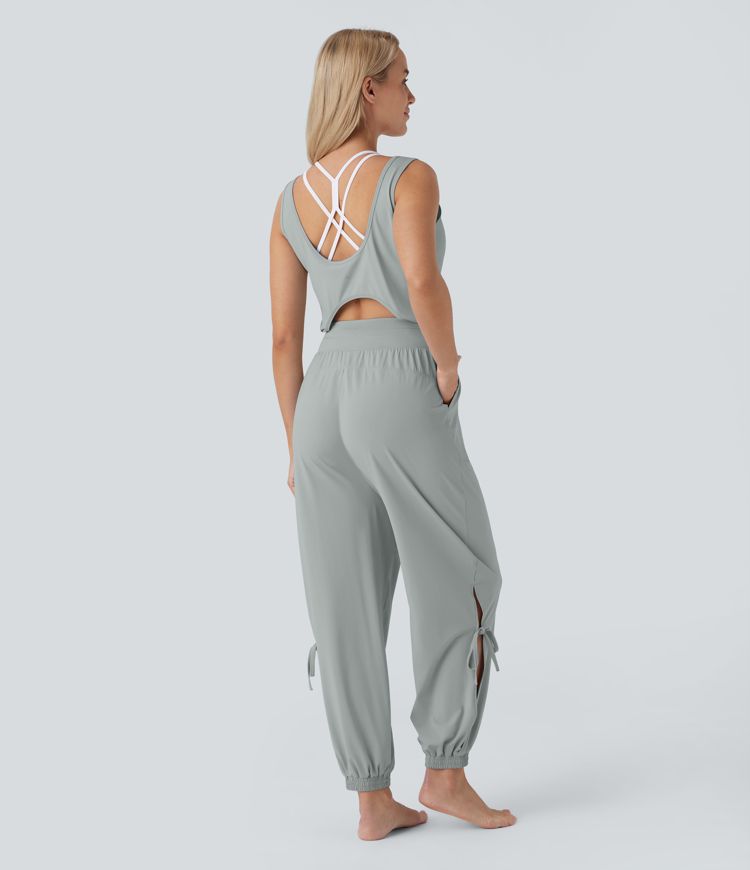 Ausgeschnittenes Kordelzug-Taschen Yoga-Overall mit Kühleffekt-UPF50+