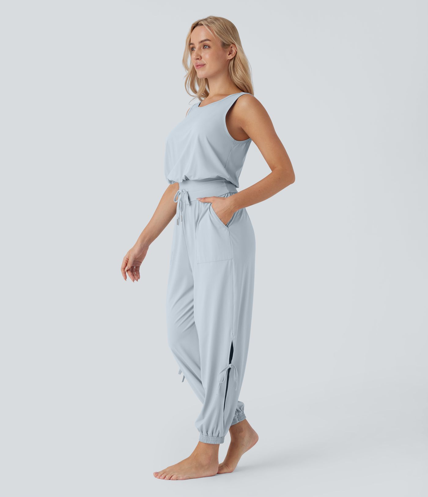 Sleeveless Cut Out Drawstring Pocket Cool Touch Yoga Jumpsuit-UPF50+