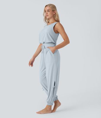 Sleeveless Cut Out Drawstring Pocket Cool Touch Yoga Jumpsuit-UPF50+