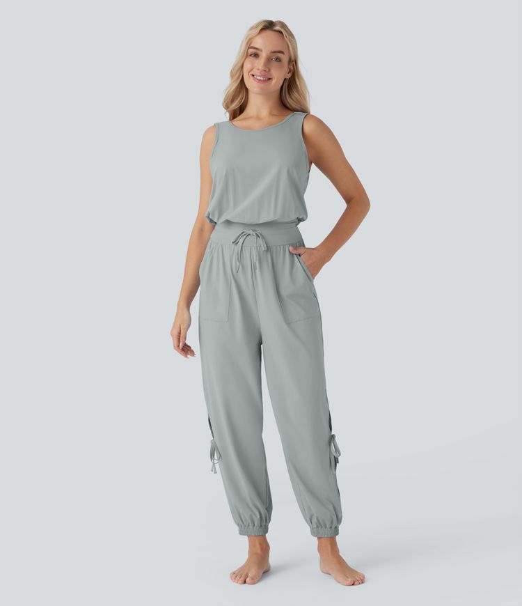 Sleeveless Cut Out Drawstring Pocket  Yoga Jumpsuit-UPF50+